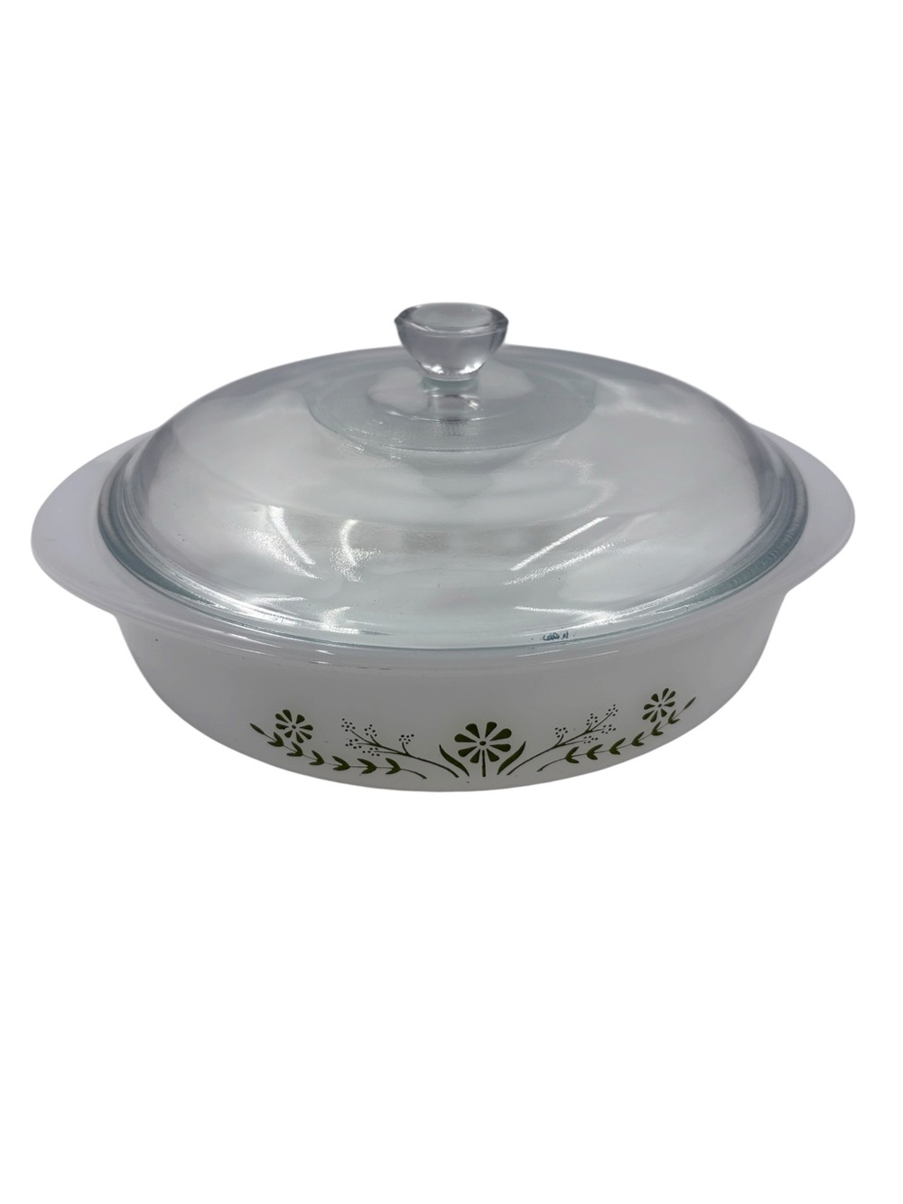 Vintage Glasbake J2429 Green Daisy Milk Glass Round 8" Casserole Dish With Lid